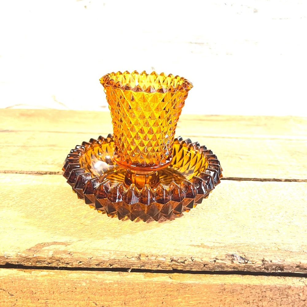 Vintage amber glass candle holder diamond edge mid century decor